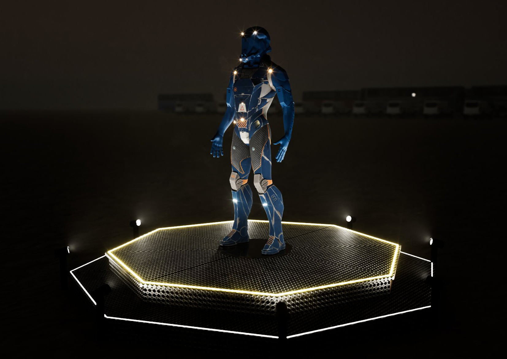 Armor Hero guardian sculpture concept — Ukrainian blue and yellow
